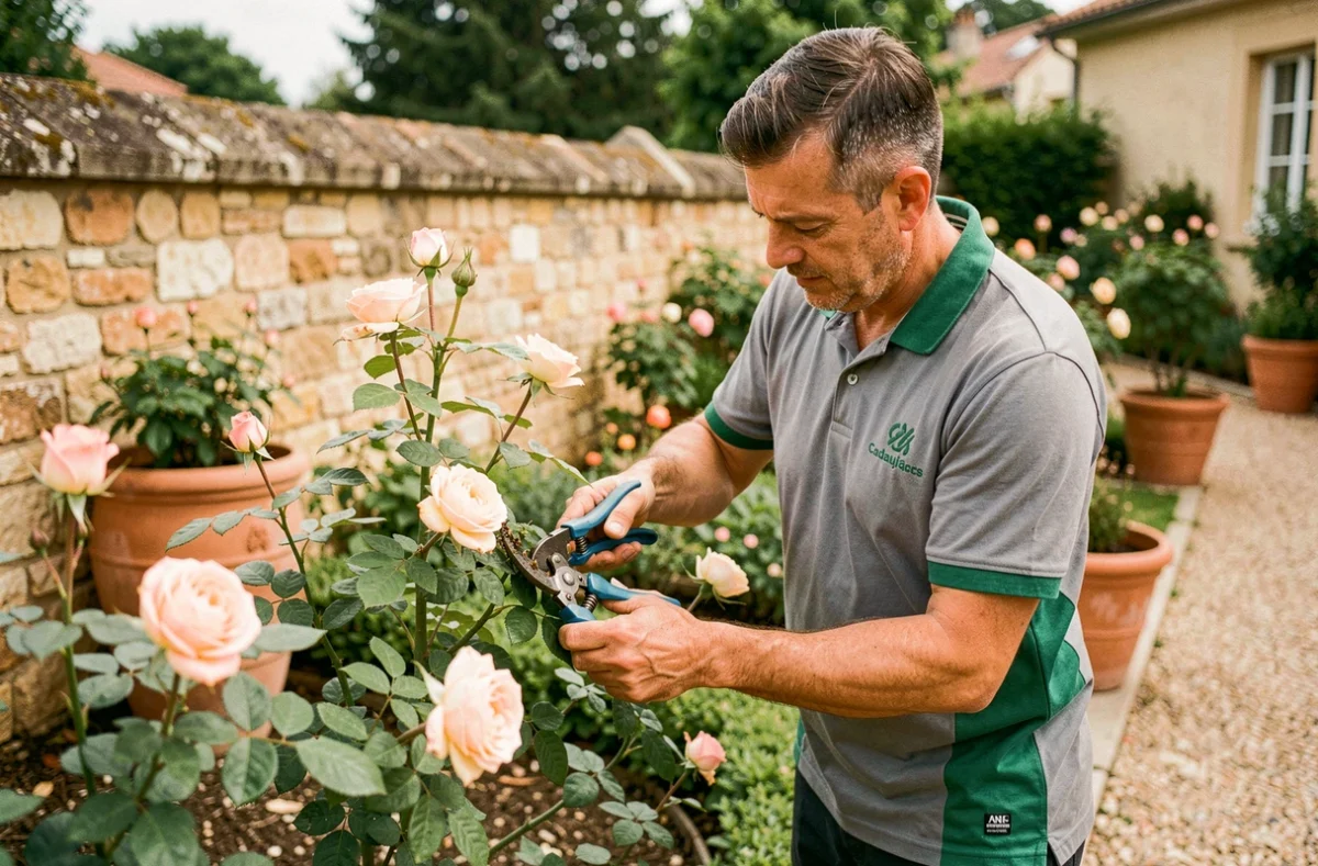 Agent d'entretien de 2L Services taillant un rosier dans un jardin résidentiel à Cadaujac en Gironde