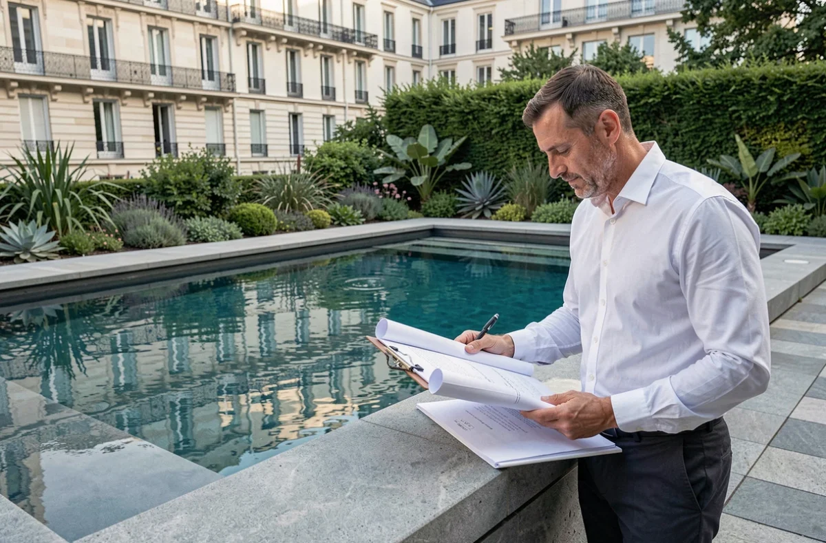 Piscine design à débordement avec un professionnel Abaque Pool consultant des plans de construction