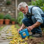 Agriculteur tenant un bidon d'AdBlue accroupi près de mauvaises herbes mortes dans un jardin potager en France