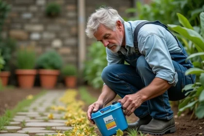 Agriculteur tenant un bidon d'AdBlue accroupi près de mauvaises herbes mortes dans un jardin potager en France