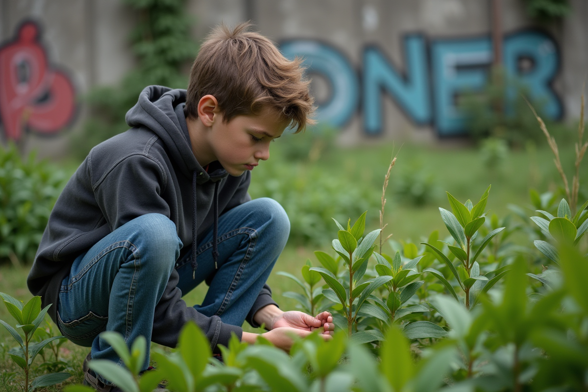 Adolescent explorant la végétation dans un site abandonné