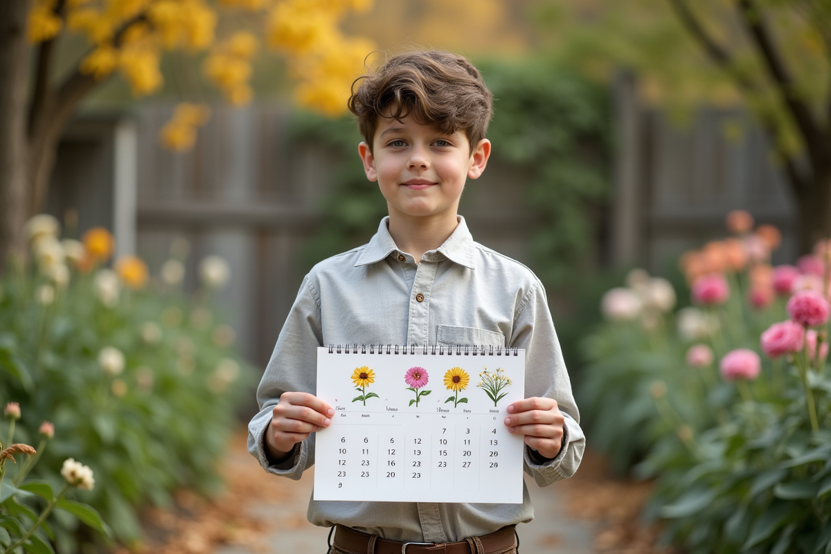 Adolescent dans un jardin tenant un calendrier floral illustré
