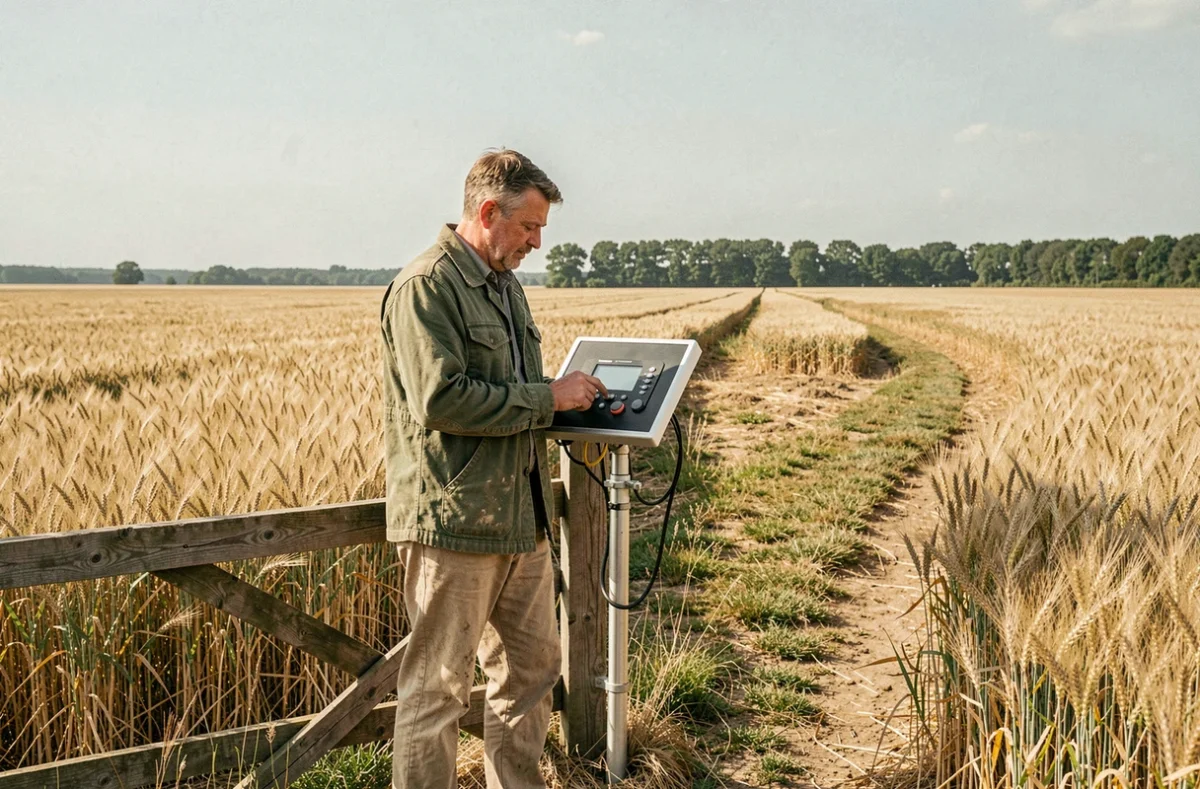 Agriculteur inspectant un système d'irrigation solaire moderne en bordure d'un champ de blé dans une ferme en transition écologique