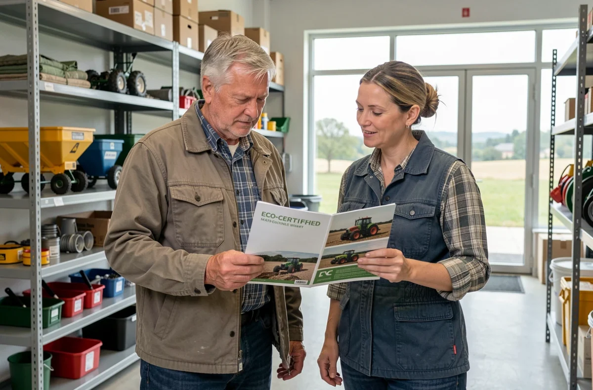 Deux agriculteurs consultant un catalogue de matériel écologique dans un magasin agricole spécialisé en équipements durables