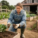 Agricultrice examinant du compost biologique dans un jardin maraîcher durable avec des rangs de légumes et une grange en arrière-plan