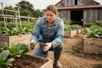 Agricultrice examinant du compost biologique dans un jardin maraîcher durable avec des rangs de légumes et une grange en arrière-plan