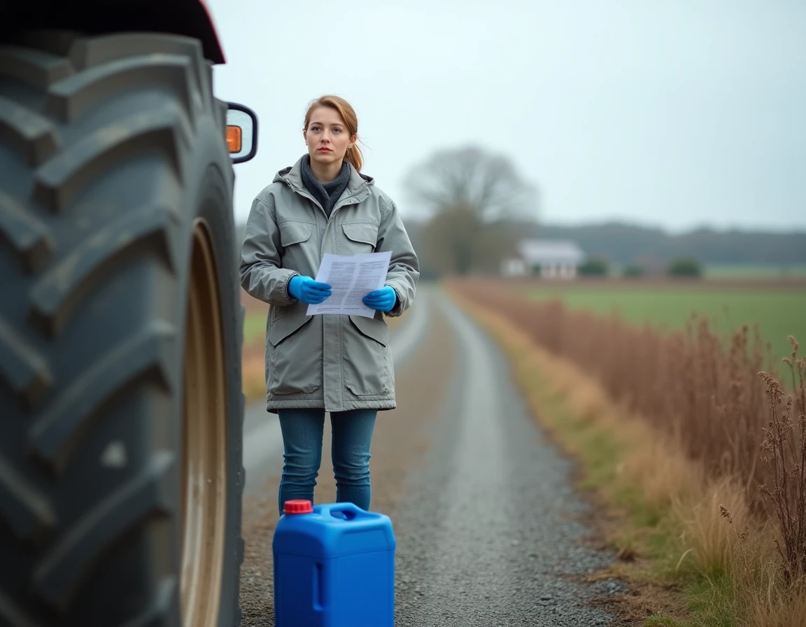 Agronome inspectant des mauvaises herbes mortes le long d'un chemin agricole avec un bidon d'AdBlue posé au sol