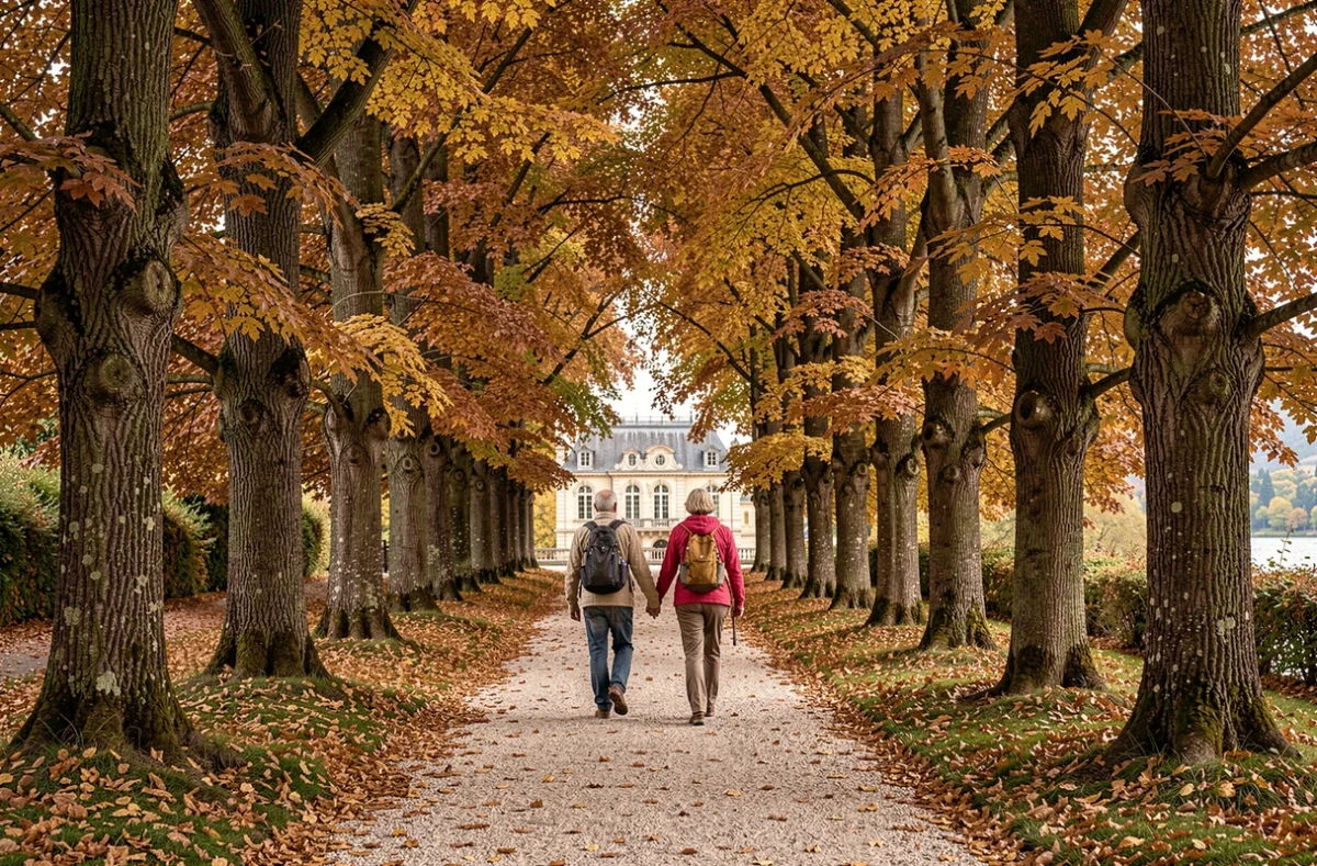 Allée arborée en automne dans le parc du Pâquier à Annecy avec couple se promenant au bord du lac