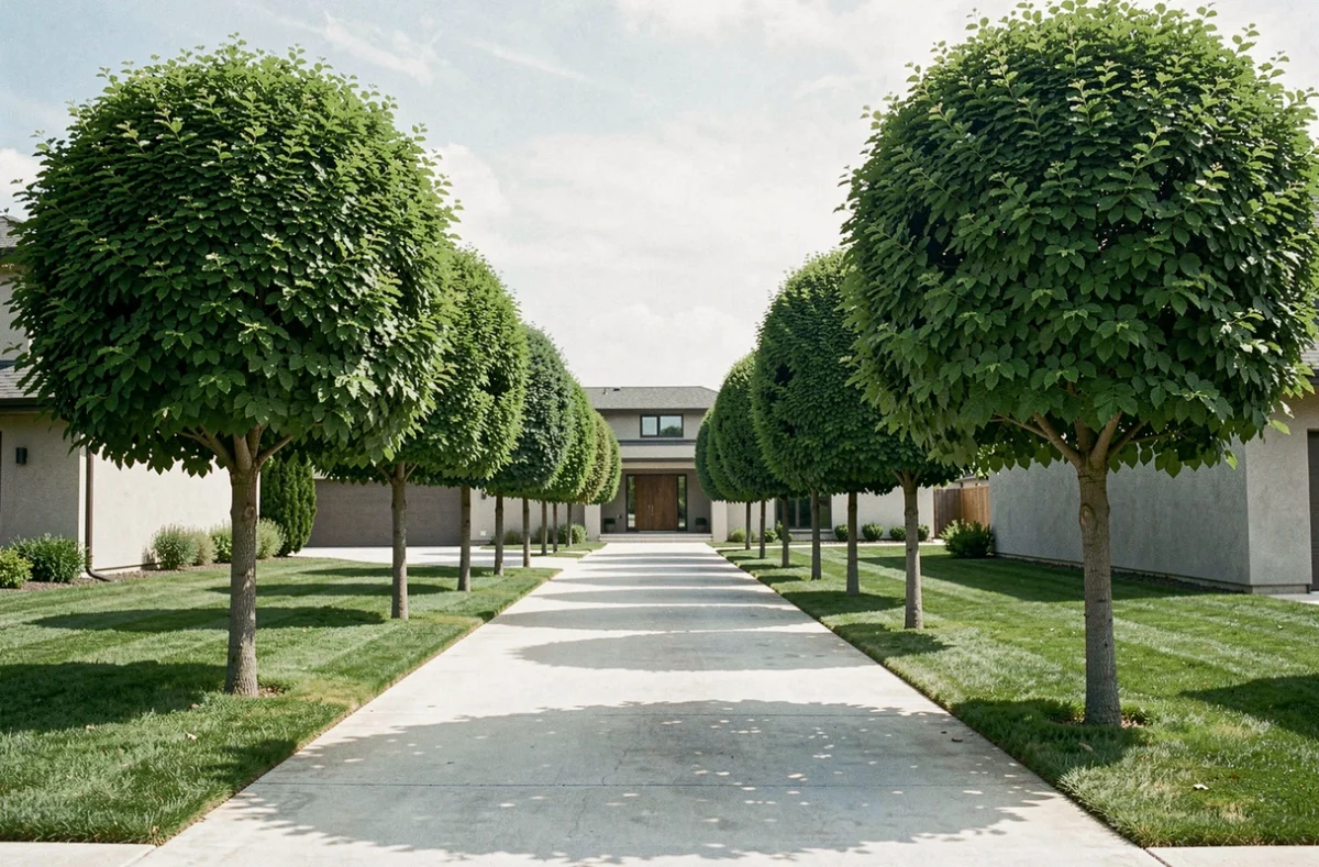 Allée de catalpa boule alignés le long d'une allée de maison, effet formel et symétrique