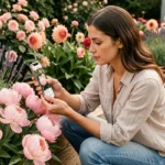 Femme utilisant une application de reconnaissance de fleurs dans un jardin fleuri avec des pivoines et des roses