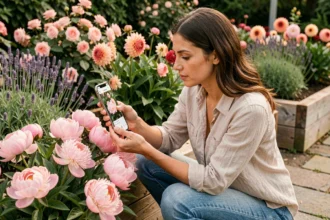 Femme utilisant une application de reconnaissance de fleurs dans un jardin fleuri avec des pivoines et des roses