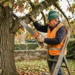 Arboriste professionnel élagant une branche de chêne mature avec une scie à élaguer, perché sur une échelle dans un jardin rural en automne