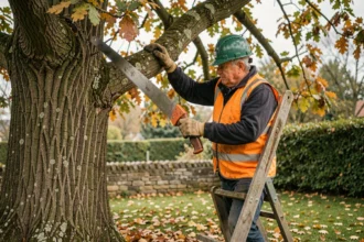 Arboriste professionnel élagant une branche de chêne mature avec une scie à élaguer, perché sur une échelle dans un jardin rural en automne