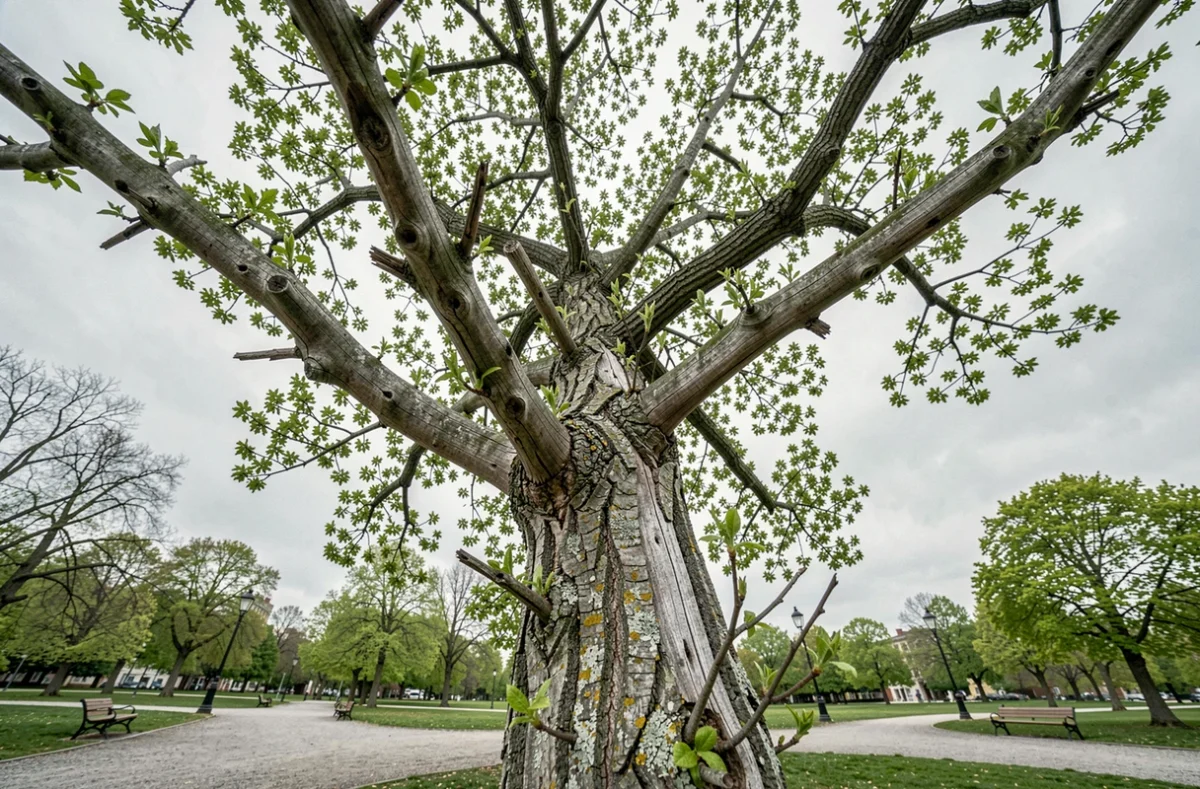 Vue en contre-plongée d'un arbre mature avec bois mort et nouvelles pousses dans un parc urbain