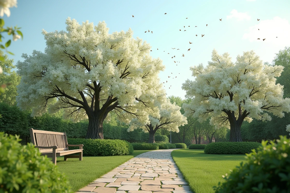 Grand arbuste lilas du Japon en fleurs dans un jardin avec chemin en pierre et abeilles en vol