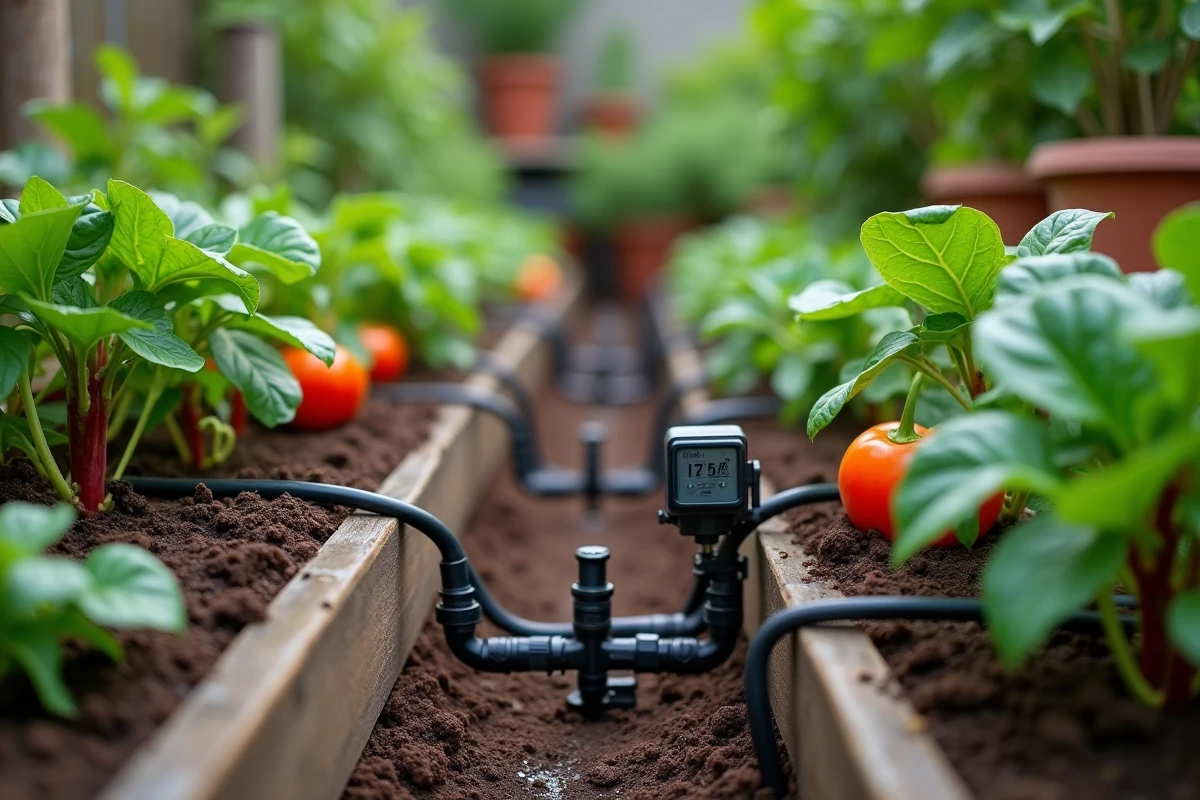 Système de goutte-à-goutte pour arrosage optimisé dans un potager en carré avec minuterie et récupérateur d'eau