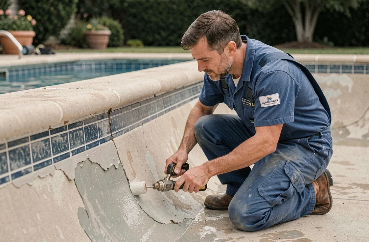 Technicien spécialisé en réparation de piscine effectuant des travaux d'étanchéité sur une piscine résidentielle
