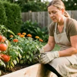 Femme jardinière cultivant des tomates, basilic et œillets d'Inde dans un potager surélevé en bois, exemple d'associations de légumes pour débutants