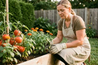 Femme jardinière cultivant des tomates, basilic et œillets d'Inde dans un potager surélevé en bois, exemple d'associations de légumes pour débutants
