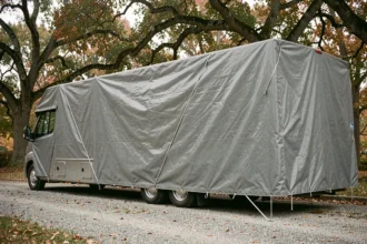 Bâche extérieure grise imperméable couvrant un camping-car garé sur une allée gravillonnée entourée d'arbres en automne