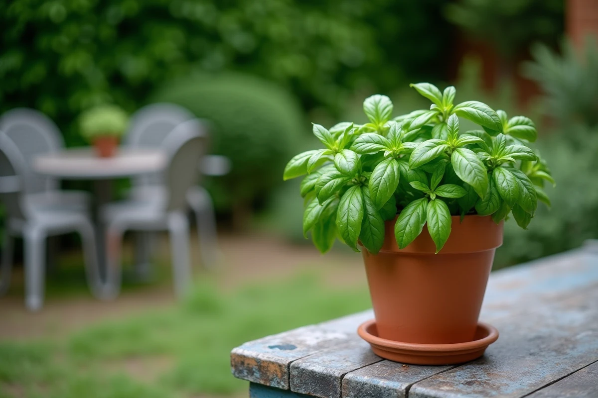 Pot de basilic en terre cuite sur une table de jardin en fer forgé pour éloigner les mouches
