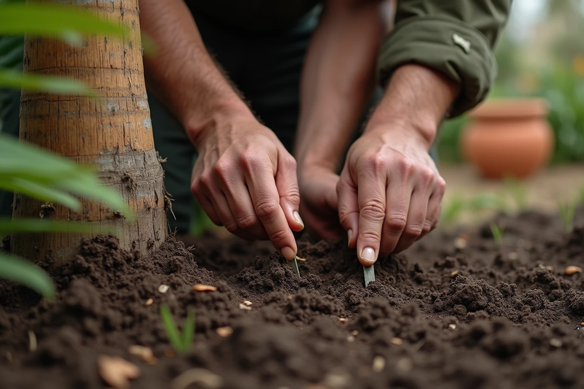 Gros plan de mains de jardinier enfonçant des bâtonnets d'engrais dans le sol autour d'un palmier