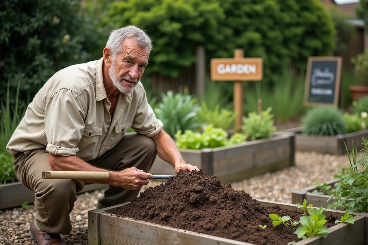 Un bénévole âgé qui retourne le compost dans un jardin collectif bien entretenu