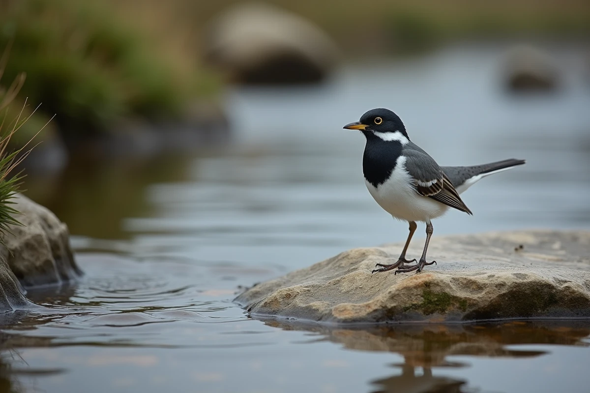 Bergeronnette grise et blanche au bord d'un ruisseau sur une pierre humide, photographie ornithologique en milieu naturel