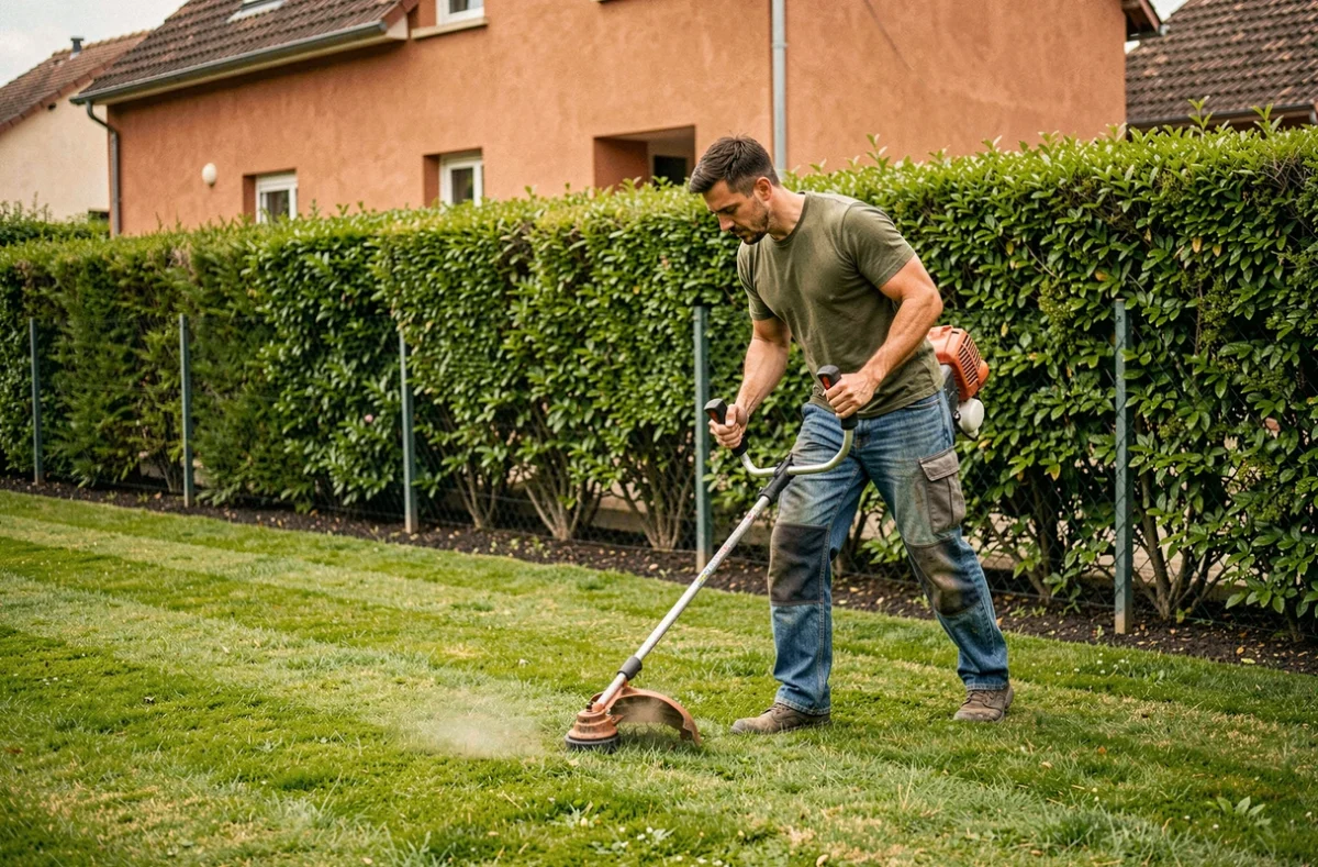 Jardinier de BFS Espaces Verts bordant une pelouse résidentielle avec une débroussailleuse à Eysines