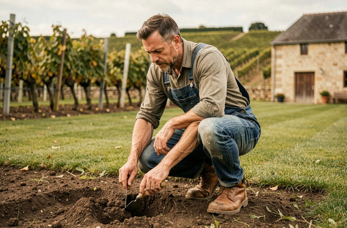 Jardinier paysagiste indépendant Bilel Blaizat inspectant la qualité du sol d'un jardin à Parempuyre en Gironde