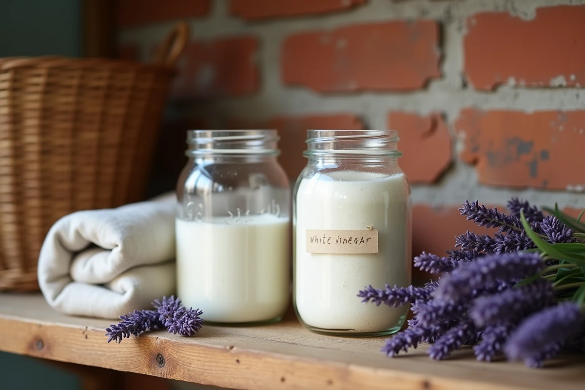 Bocaux en verre de produits ménagers faits maison sur une étagère en bois avec lavande et étiquettes artisanales