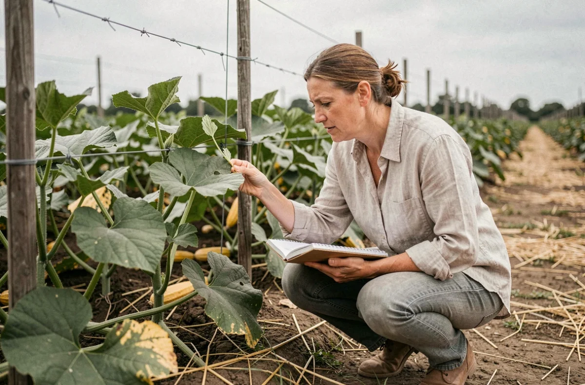 Botaniste étudiant les vrilles d'une plante de courge dans un champ agricole, carnet de terrain à la main, illustrant la recherche sur l'évolution des cucurbitacées grimpantes