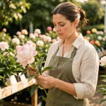 Botaniste examinant une pivoine rose rare dans un jardin botanique, guide pour identifier les fleurs communes et rares