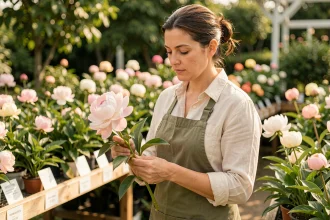 Botaniste examinant une pivoine rose rare dans un jardin botanique, guide pour identifier les fleurs communes et rares