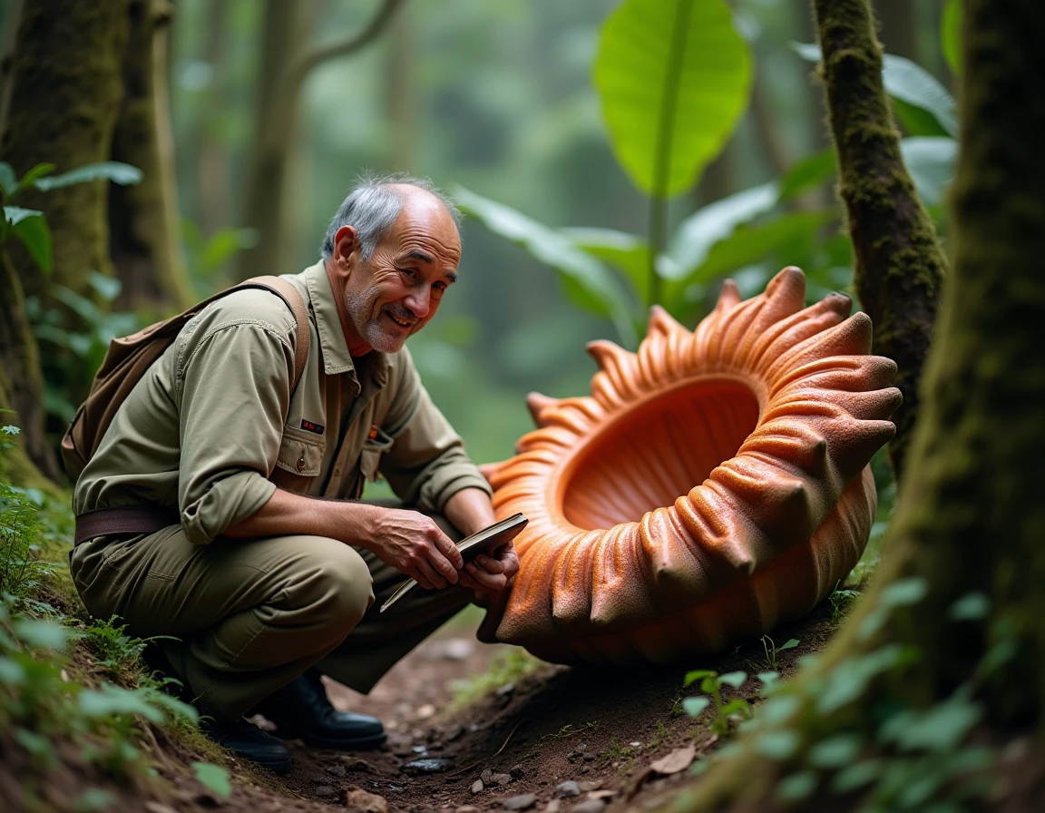 Botaniste d'une quarantaine d'années accroupi à côté d'une Rafflesia en fleur dans la jungle malaisienne, illustrant l'échelle impressionnante de la plus grande fleur du monde