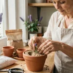 Femme effectuant une bouture de lavande en pot à l'intérieur sur un rebord de fenêtre