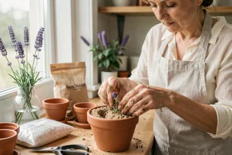 Femme effectuant une bouture de lavande en pot à l'intérieur sur un rebord de fenêtre