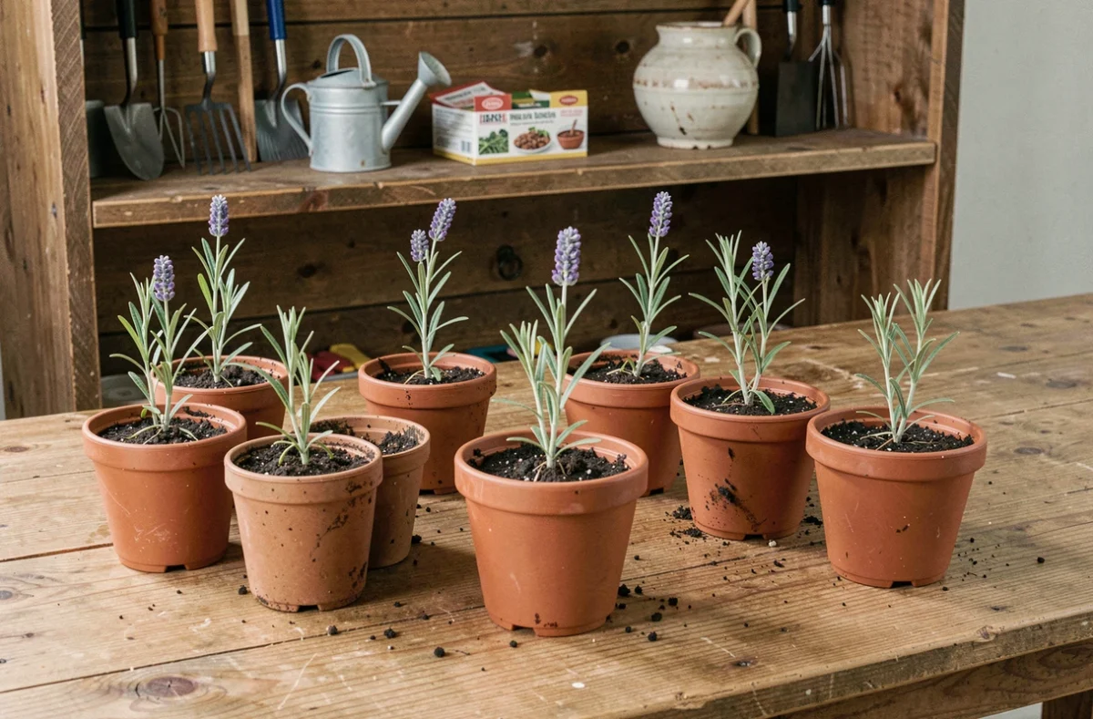 Plusieurs boutures de lavande en petits pots sur une table en bois à l'intérieur
