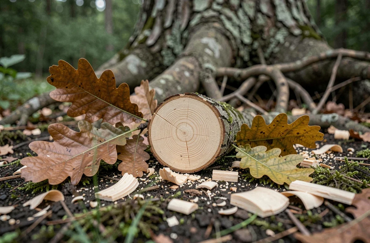 Gros plan sur des branches de chêne fraîchement coupées au sol, montrant des coupes nettes et le grain du bois pâle avec des feuilles aux teintes automnales