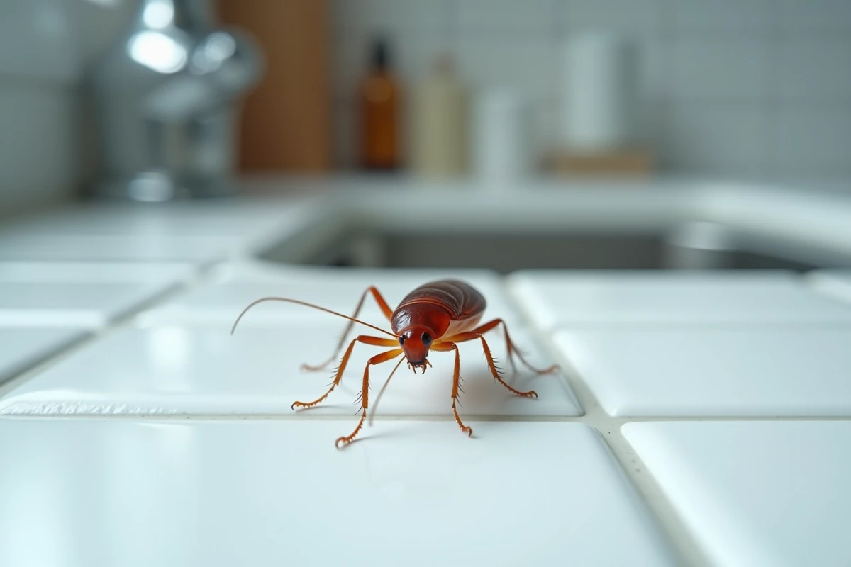 Cafard de maison rougeâtre sur carrelage blanc de cuisine près d'un siphon d'évier