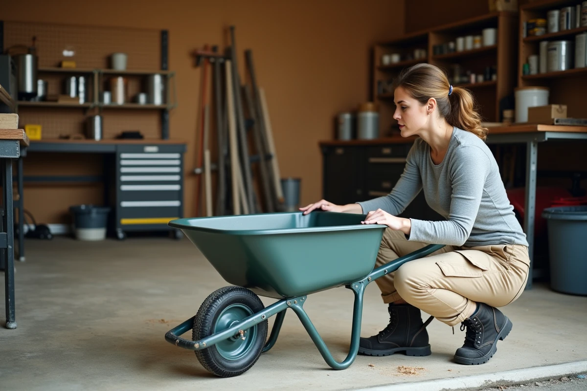 Femme inspectant la contenance d'une brouette polyéthylène dans un atelier de bricolage
