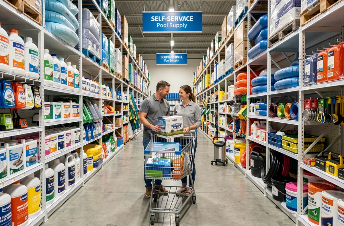Intérieur du magasin Cash Piscines avec des clients consultant des équipements de piscine en libre-service