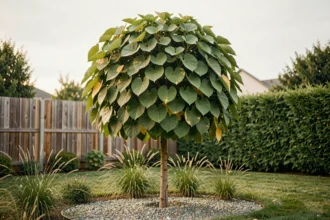 Catalpa boule adulte dans un jardin résidentiel avec feuillage vert dense et canopée sphérique bien formée