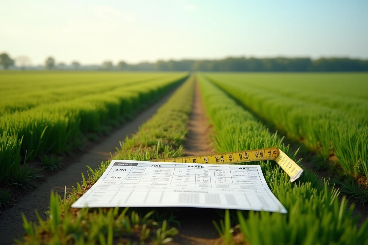 Champ agricole mesuré avec un décamètre et une fiche de conversion d'unités de surface hectare et are posée dans l'herbe
