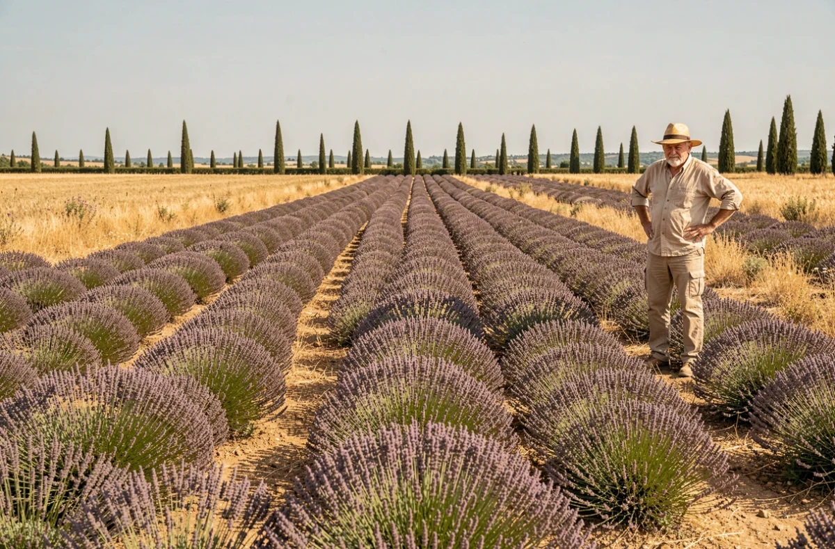 Rangées de lavande taillée après floraison dans un champ provençal avec un jardinier en arrière-plan