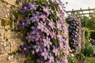 Clématite en pleine floraison sur un mur de pierre exposé au soleil avec fleurs violet intense et étamines crème