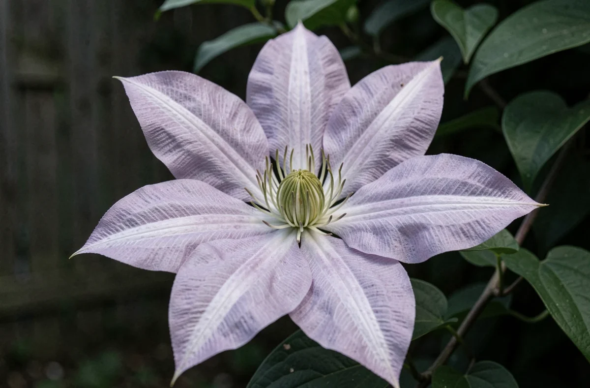 Gros plan d'une fleur de clématite à l'ombre avec pétales pâles et veinures translucides visibles