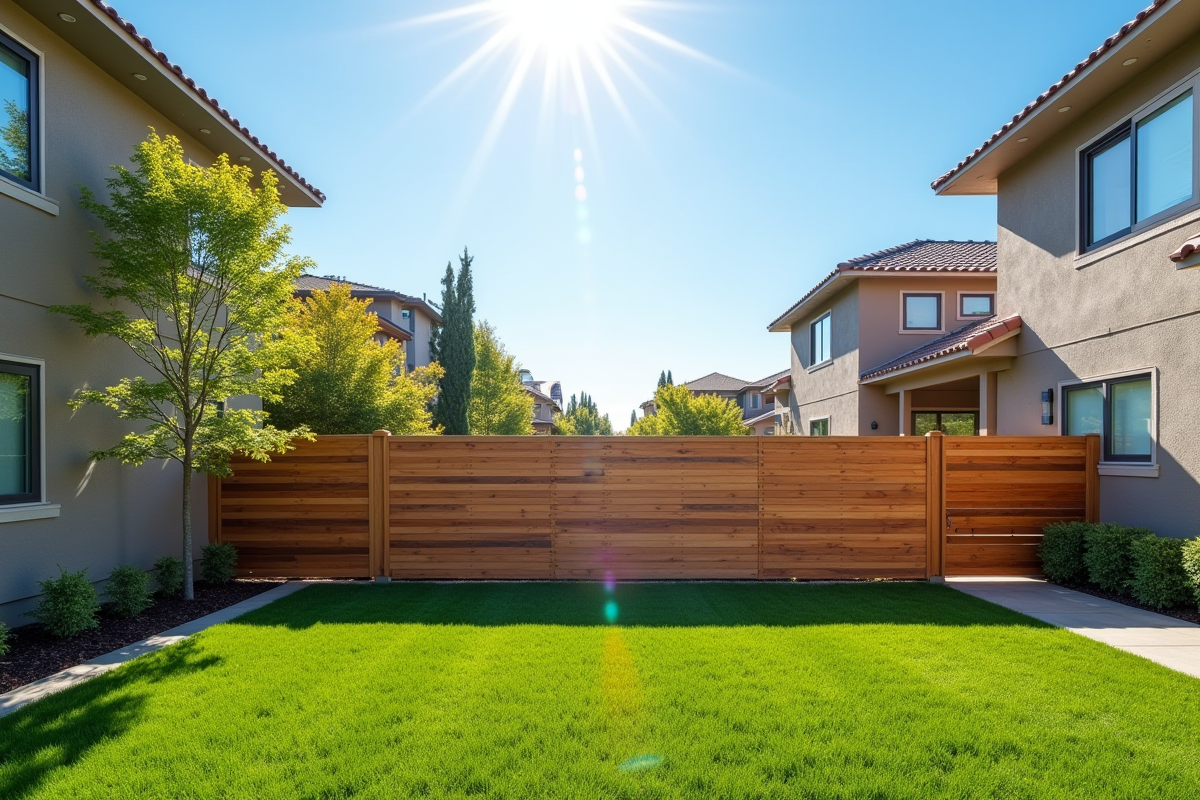 Jardin de banlieue avec clôture en bois horizontale