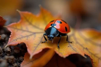 Coccinelle noire à points rouges posée sur une feuille d'automne aux tons roux et dorés