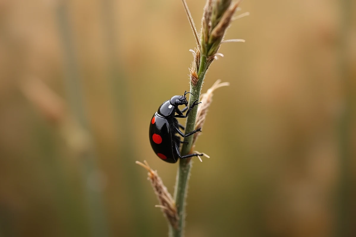 Coccinelle noire à points rouges grimpant sur une tige de plante sauvage dans une prairie en automne